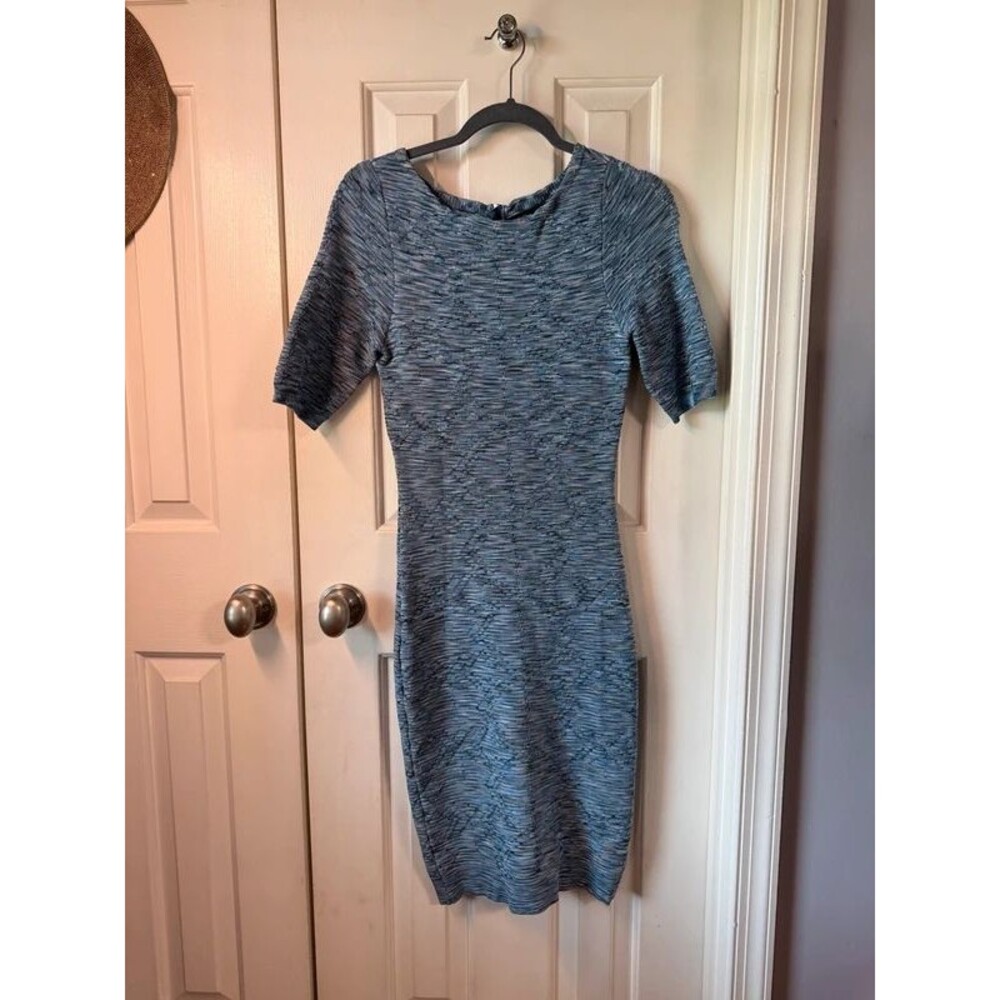 Karen Millen Size 1 Blue Textured Knit Bodycon Midi Dress Stretch